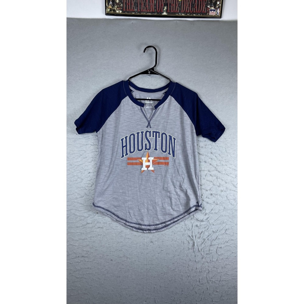 Houston Astros Shirt Womens Small Gray Navy Blue MLB Baseball Raglan Majestic